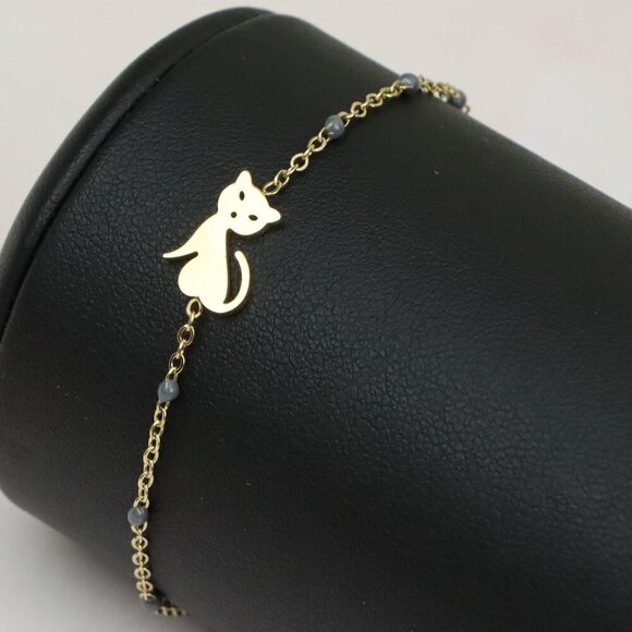 Cute Cat Design Yellow Gold Bracelet with Blue Bead Detailing, XPBL0614 - Picture 1 of 12
